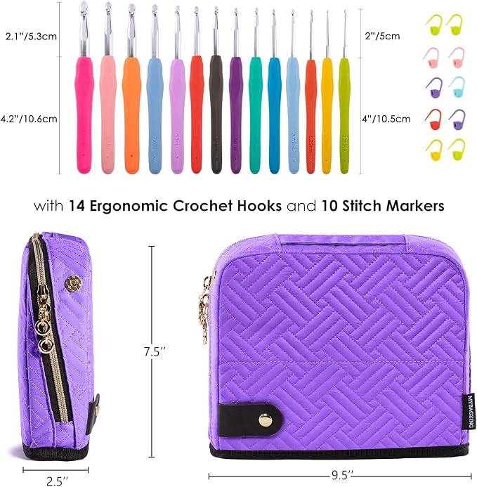 MYBAGZING Crochet Hook Case with 14 Size Crochet Hooks Set 2mm(B)-10mm(N) Ergonomic Crochet Hooks with Crochet Case Stand Up - Crochet Hook Organize for Crochet Lovers, Crochet Kit for Beginners