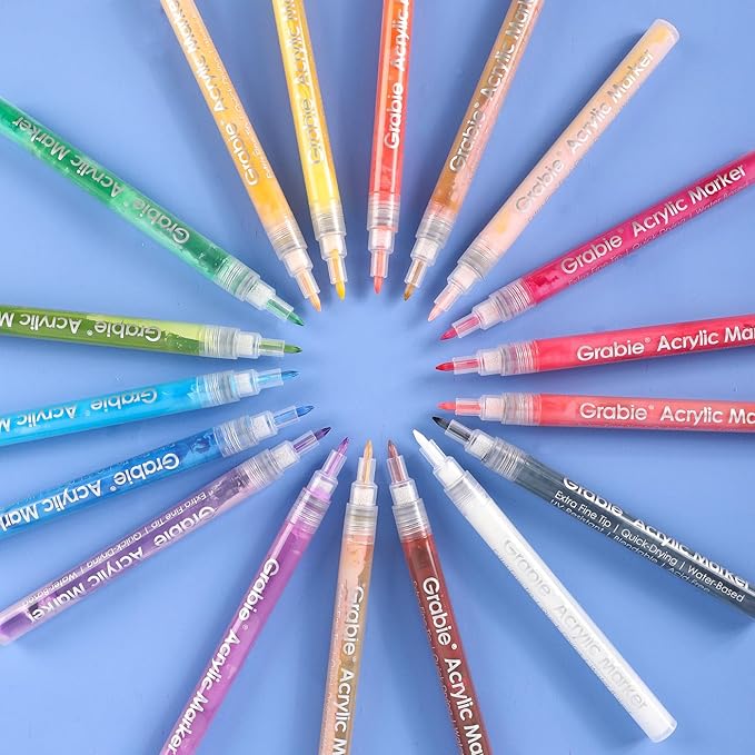 Grabie Pack of 18 Color Acrylic Paint Markers, 0.7mm Extra Fine Tip Pens