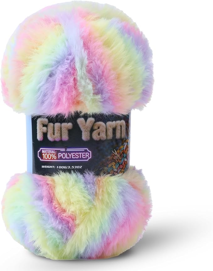 Faux Fur Yarn Soft Fluffy for Crocheting - 1 Skeins(Each 3.5oz/100g, 71yd/65m) - Chunky & Fluffy Yarn for Crochet Amigurumi, Blankets, Hand Knitting, Scarves &Crafts (1, Colorful Yellow+Pink+Purple)