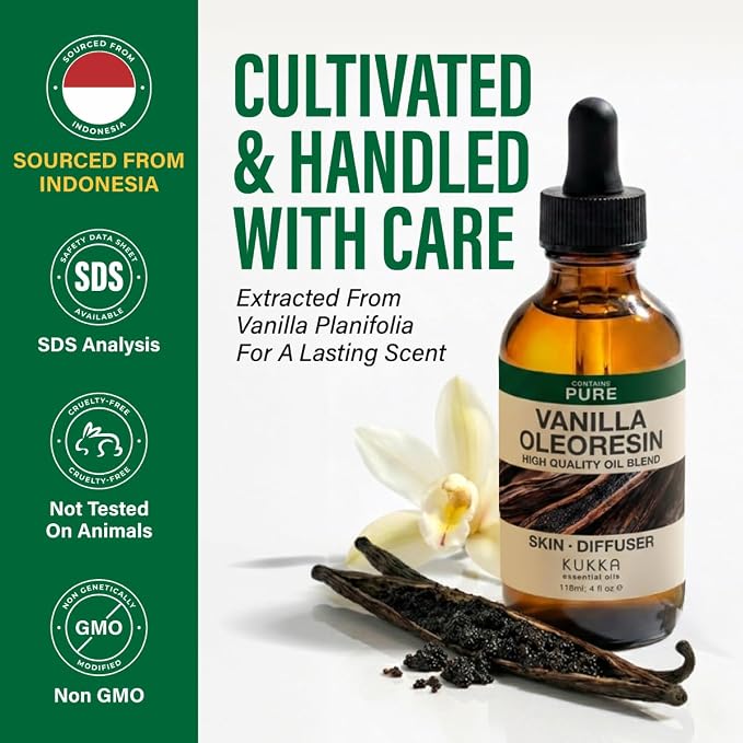 Kukka 100% Pure Vanilla Essential Oil for Skin, Diffuser, 4 Fl Oz | Vanilla Oleoresin, Long Lasting Scent for Diffuser, Aromatherapy, Perfume, Body and Massage Blends, Non-GMO, 118 mL
