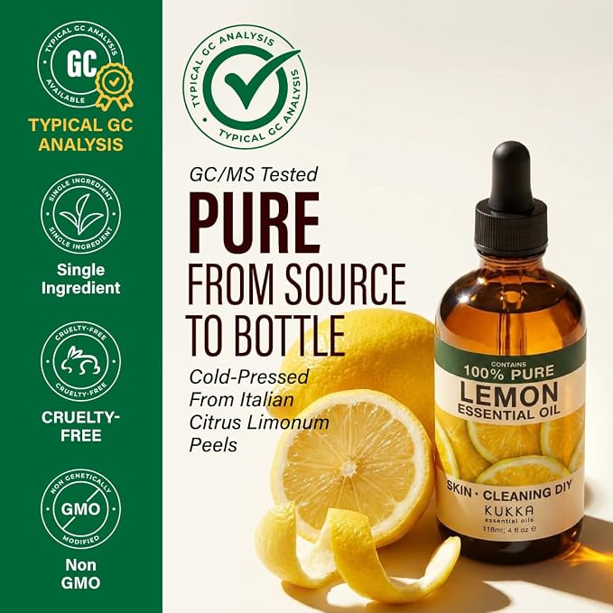 Kukka 100% Pure Lemon Essential Oil for Skin, Diffuser, 4 Fl Oz | Cold-Pressed Italian, Undiluted Lemon Oil for Diffuser, Aromatherapy, Cleaning, Household Use - GC-MS Tested
