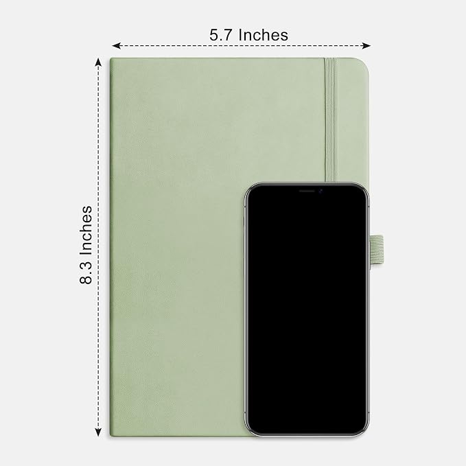 RETTACY Dotted Journal Notebook, 192 Pages, A5 Medium Size (5.7'' x 8.3'') | Leather Hardcover, 100 GSM Thick Paper, for Journaling, Planning, Tracking (Light Green)