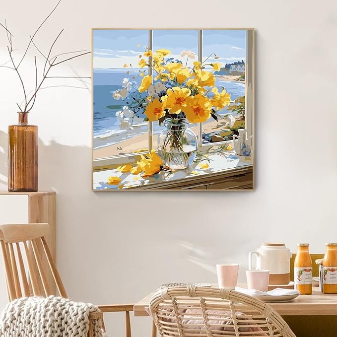 PRASIO Framed Paint by Numbers Kit for Adults Beginner with Easel, Flowers Adult Paint by Number Kits on Canvas Framed, DIY Acrylic Watercolor Oil Paint by Number with Frame for Home Decor 16x16 Inch