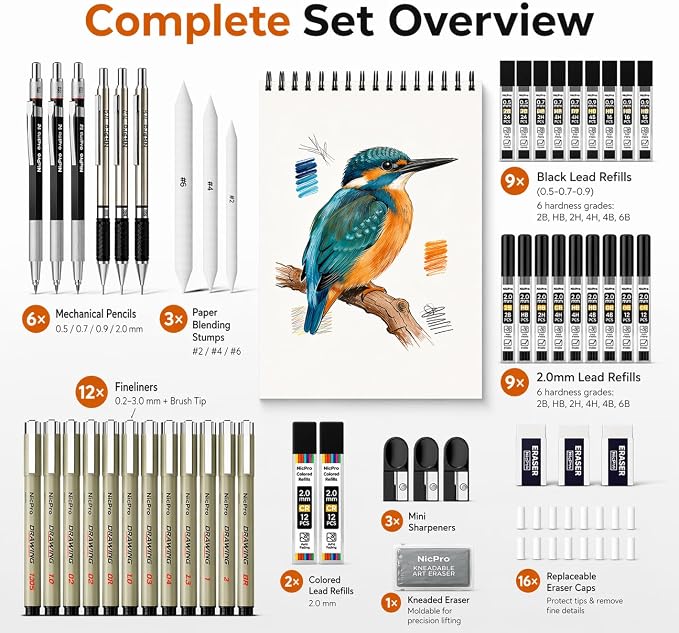 Nicpro 52PCS Art Drawing Supplies Kit for Artist Adults Sketching | Metal Mechanical Pencil Set 0.5, 0.7, 0.9 & 2mm, 9x12 Sketch Book, 12 Fineliner Pens, 288 Leads, School Supplies Drawing Kit