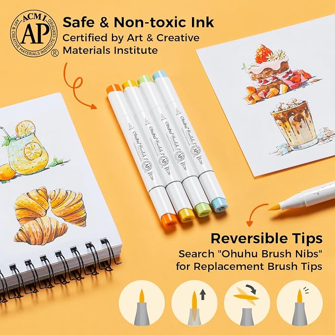 Ohuhu Alcohol Markers 48 Colors Brush& Soft Chisel for Adult Cozy Coloring | Dual Tips Drawing Markers for Artists Beginners Illustration Sketching, AP Certified Refillable Alcohol-based, Honolulu S