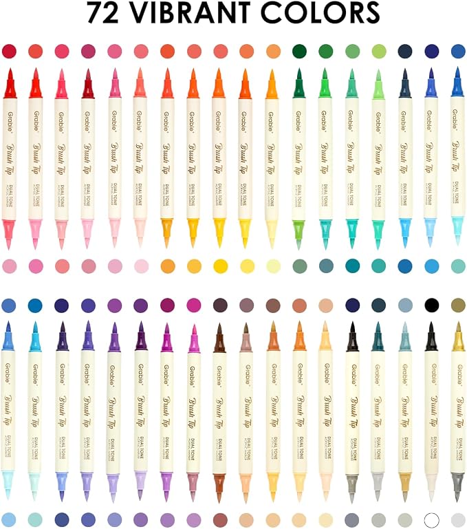 Grabie 72 Color Acrylic Paint Markers, Pack of 36 Dual Tip Brush Pens | 72 Colors in 36 Markers,Dual Tip Soft Brush Design,Water-Based Acrylic Ink For Paper, Rock, Wood, Canvas, Glass & Fabric