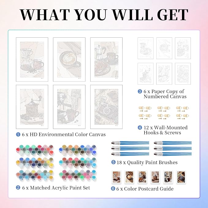 Camocin 6 Pack Paint by Numbers Kit for Adults, Coffee Canvas Painting Set | 8x12 Inch, DIY Acrylic Painting Craft Kit for Beginners without Frame, Relaxing Creative Hobby, Home Wall Decor, Gift