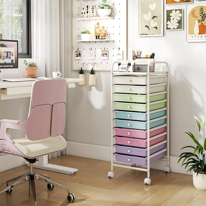 GIANTEX 10 Drawer Storage Cart, Rolling Craft Cart w/Metal Tabletop