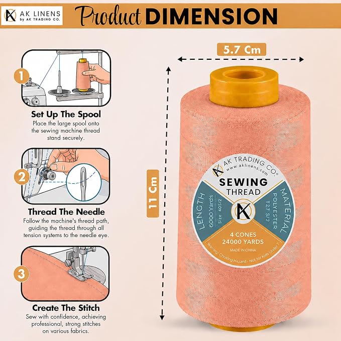 AK TRADING CO. 4-Pack Dark Peach All Purpose Sewing Thread Cones (6000 Yards Each) of High Tensile Polyester Thread Spools for Sewing, Quilting, Serger Machines, Overlock, Merrow & Hand Embroidery