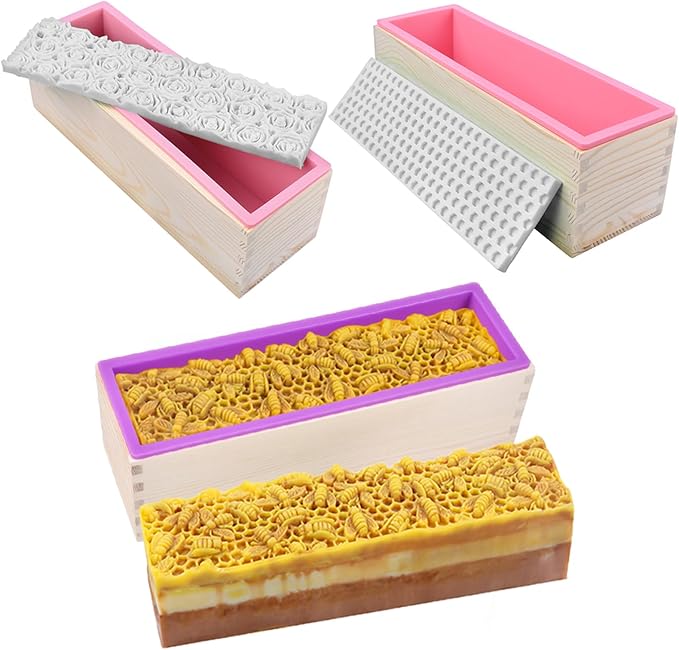 Loaf Soap Making Kit, 44oz Silicone Soap Making Liner Wood Box with Beehive & Hexagon & Rose Mat Creative Honeycomb Mat Mold for DIY Soap Making (Purple & Pink) (Pink Mold-Beehive)
