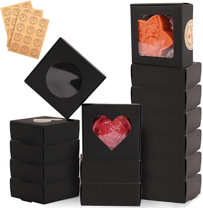 Moukiween Soap Boxes for Homemade Soap, Soap Packaging Gift Box with Window | 2.95 X 2.95 X 1.18 Inch Soap Packaging Gift boxes Black with Window, Small Square Soap Wrapping Boxes (30PCS)