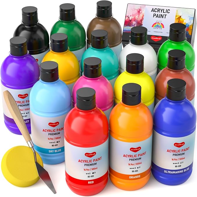 Smallbudi Bulk Acrylic Paint Set, 15 Colors 16.9oz for Artists & Beginners | Rich Pigment, Large Non-Toxic Acrylic Paint Kit for Adult Painting Party, Large-Scale Art, Ideal for Canvas Wood Crafts Rock