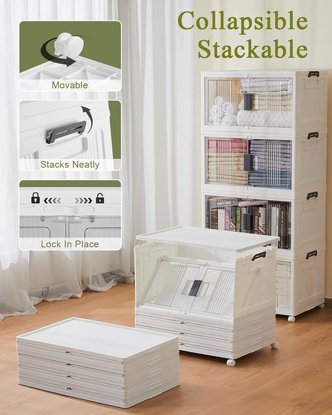 OlarHike 76QT Storage Bins with Lids for Home, Closet, Office, Dorm, 4 Pack | Multi-Lid, Lockable Cabinet, Doors & Wheels, Foldable, Collapsible, Stackable Organizers, Plastic Drawers, Containers, School