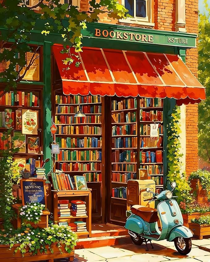 Paint by Numbers Kit for Adults, Cozy Bookstore Painting, 16 x 20 Inch | DIY Adult Paint by Number Kit on Canvas for Beginners, without Frame, Literary Wall Decor, Stress Relief Craft Gift