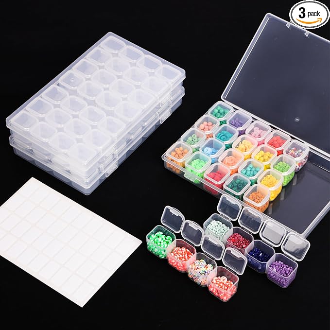 SGHUO Diamond Painting Storage Boxes 3 Pack 28 Grid Plastic Bead Organizer | Clear Plastic, Divided Compartments, for Diamond Art Beads Jewelry and Craft Supplies, Portable Project Storage
