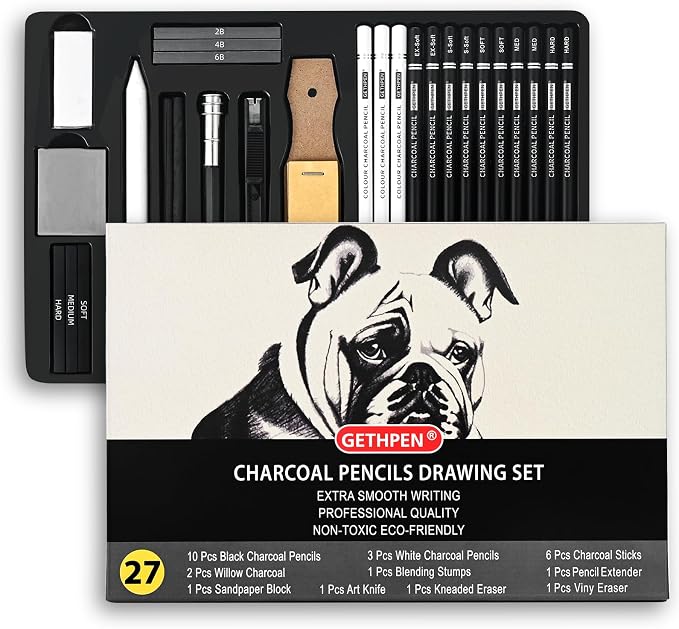GETHPEN Charcoal Pencils for Drawing, S-Soft, Soft, Medium, Hard, 27Pcs | Black White Charcoal Pencils Kit, Drawing Pencils for Sketching, Shading, for Teens, Adults, Beginners & Artists