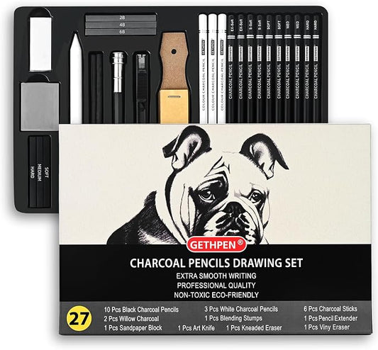 GETHPEN Charcoal Pencils for Drawing, S-Soft, Soft, Medium, Hard, 27Pcs | Black White Charcoal Pencils Kit, Drawing Pencils for Sketching, Shading, for Teens, Adults, Beginners & Artists