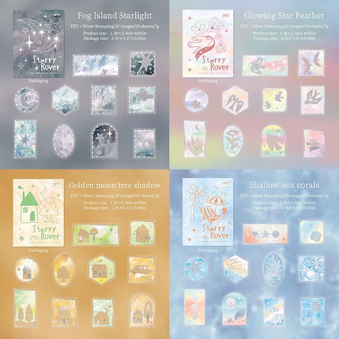 Doukado 80 Pcs Silver Foil PET Stickers, Watercolor Aesthetic Decals Set
