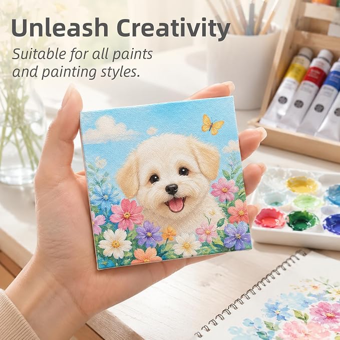CONDA 24 Pack 4x4 Inch Mini Blank Canvas for Painting, 100% Cotton Canvas with Pinewood Frame, Acid-Free Primed Mini Square Canvas for Acrylic Oil Painting, Classroom Art & Party Decor