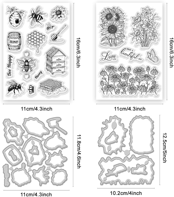 40Pcs Bees Sunflowers Clear Stamps and Dies for Card Making Metal Cutting Die Sets Sunflowers Honey Die Cuts for Album Paper Scrapbooking Photo Journal DIY Crafting
