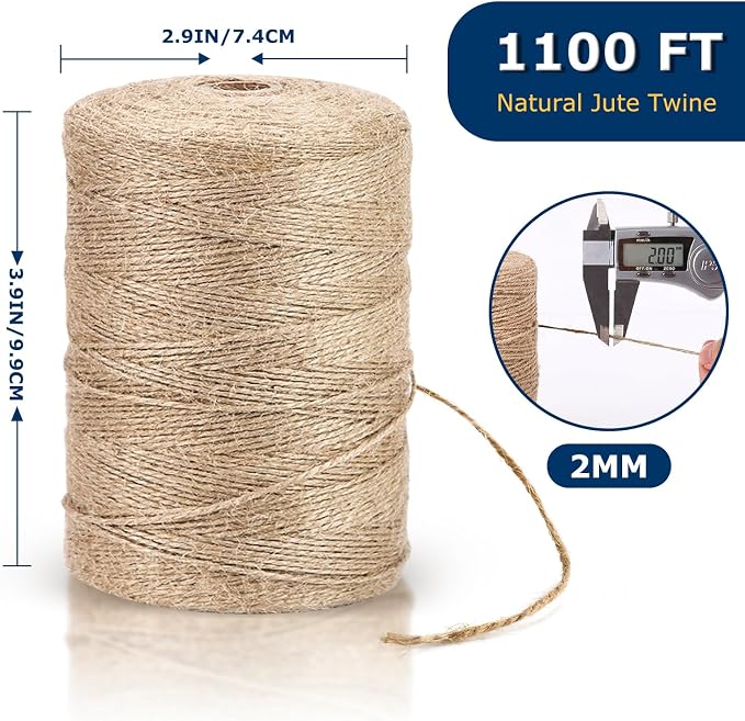 Vanhench Natural Jute Twine Rope 1/13" (2mm) x 1100FT | Jute String Cord for Crafts Gardening Garden Plant Gift Wrapping Arts & Crafts Packing Material Christmas Bulk Decorations