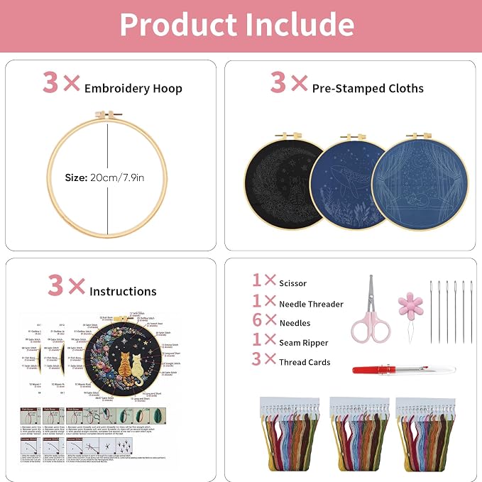 LYMIGER 3 Packs Embroidery Kit for Adults, Embroidery for Beginners (Night)