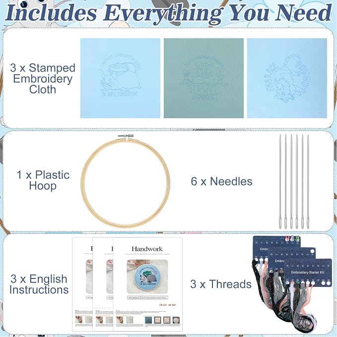 Mindsoft 3 Set Needlepoint Kit for Beginners with Hoop,Possum | Bamboo Hoop Thread Needles Instructions, Easy Hand Embroidery for Beginners Home Crafts,Pre-stamped Funny Cute Designs