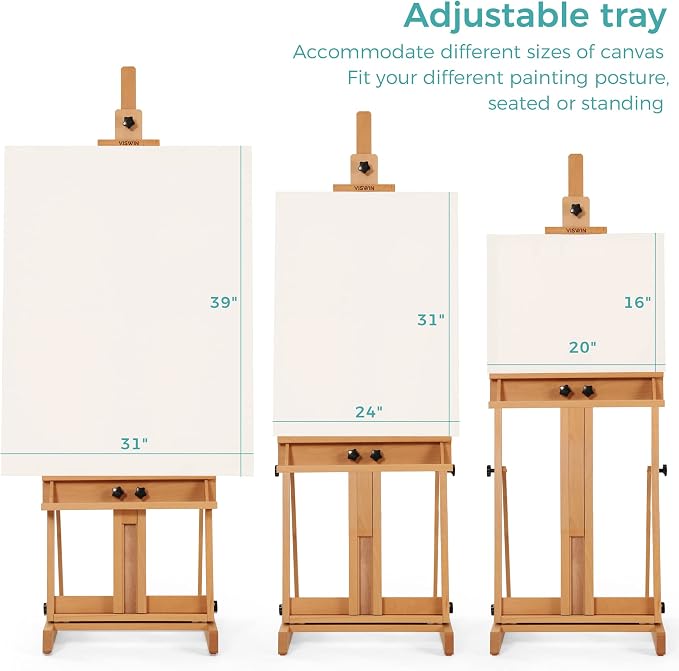 VISWIN Large H-Frame Easel for Painting 53"-91" H, Adjustable Solid Beech Wood Heavy Duty Easel Stand with Storage Tray, Hold Canvas up to 78", Art Easel for Adults, Artists - Natural