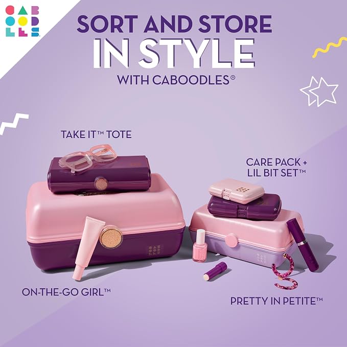 Caboodles On-The-Go Girl Makeup Box, Seafoam on Lavender, Hard Plastic Makeup Organizer Box, Built-In Mirror, Secure Latch for Safe Travel, Spacious Storage for Large Items