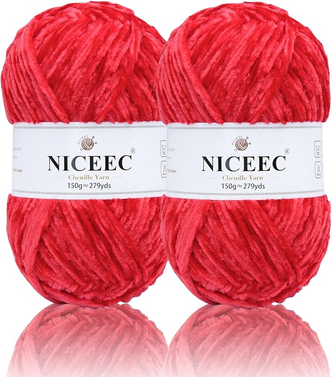 NICEEC 2 Skeins Soft Chenille Yarn 2 x255m (2X 279yds, 3X 150g)_Red