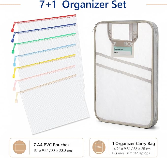 7 Pack PVC Mesh Zipper Pouch Set with 1 Organizer Bag, 8pcs