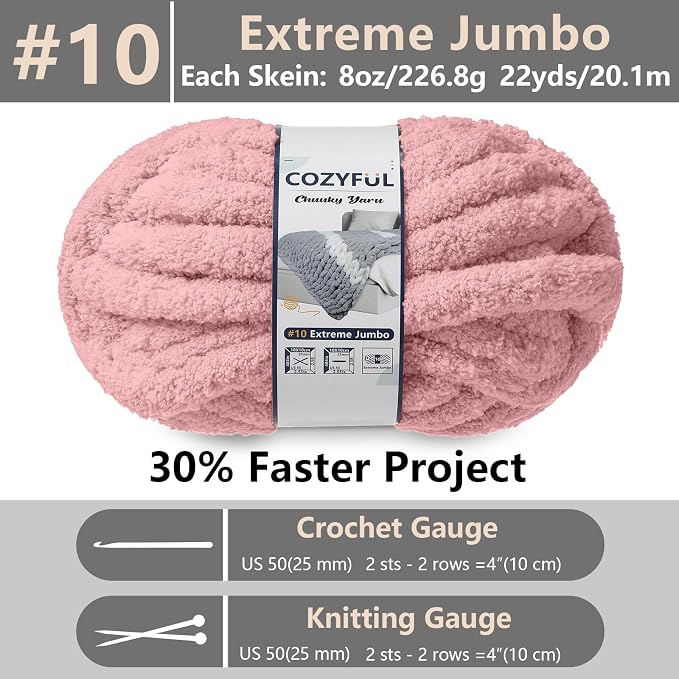 Cozyful Chunky Yarn for Hand Knitting - #10 Chunky Chenille Yarn, Jumbo Big Thick Chunky Yarns for Crocheting, Super Bulky Chunky Knit Blanket Yarns, 8 Skein (22 yds 8 oz Each Skein), Dusty Pink
