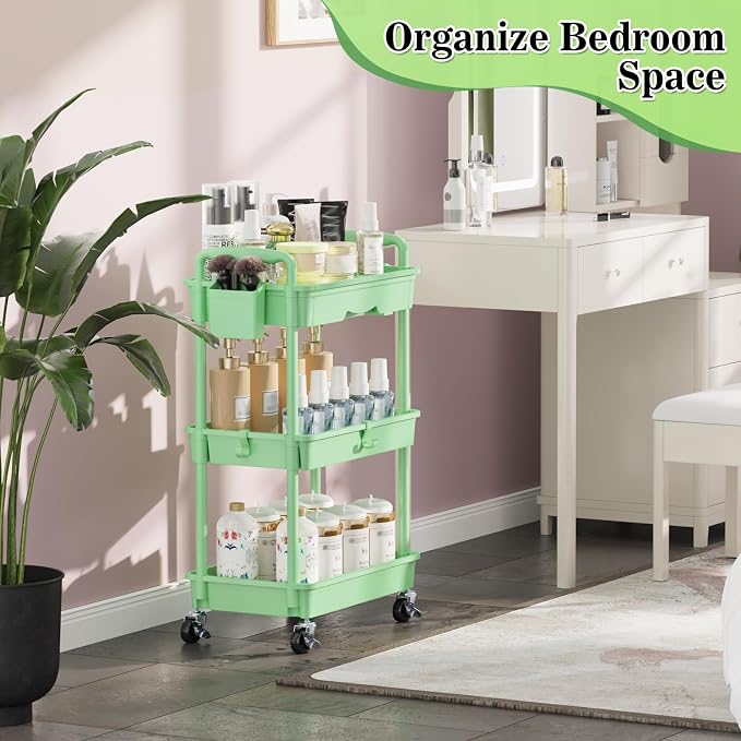 SUNALLY 3 Tier Rolling Cart with Drawer, Craft Storage Cart Organizer,Green