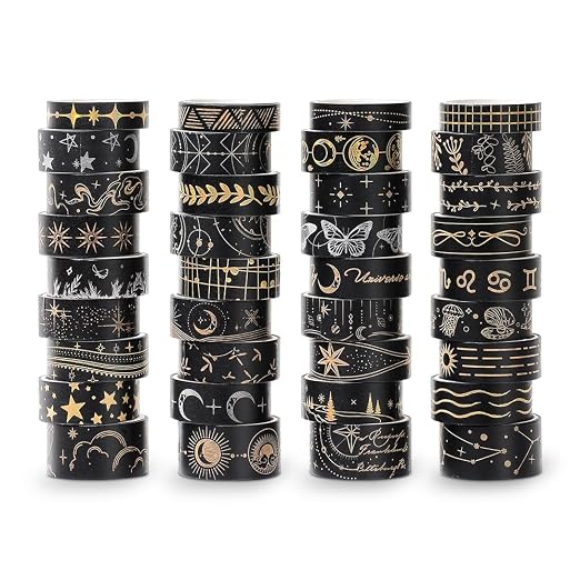 icceemee 36 Rolls Starry Theme Washi Tape Set with Celestial Patterns - Writeable Decorative Tapes for Scrapbooking, Junk Journal Supplies, Bullet Journaling 0.6" x 79" per Roll