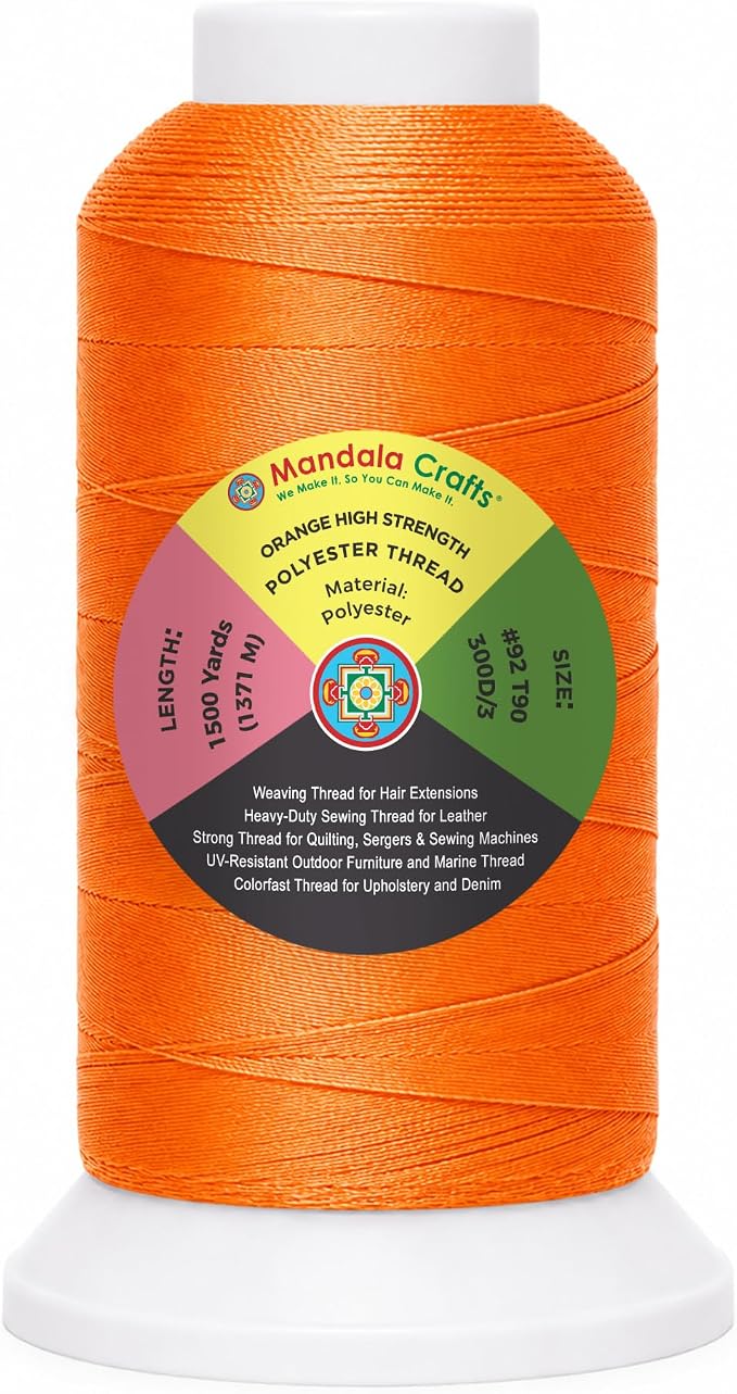 Mandala Crafts Orange Tex 90 Polyester Heavy Duty Thread for Upholstery | 1500 Yds T90 UV Resistant Strong Thread for Leather Sewing, Marine, Drapery, Jeans, Hair Weaving & Extension, Outdoor
