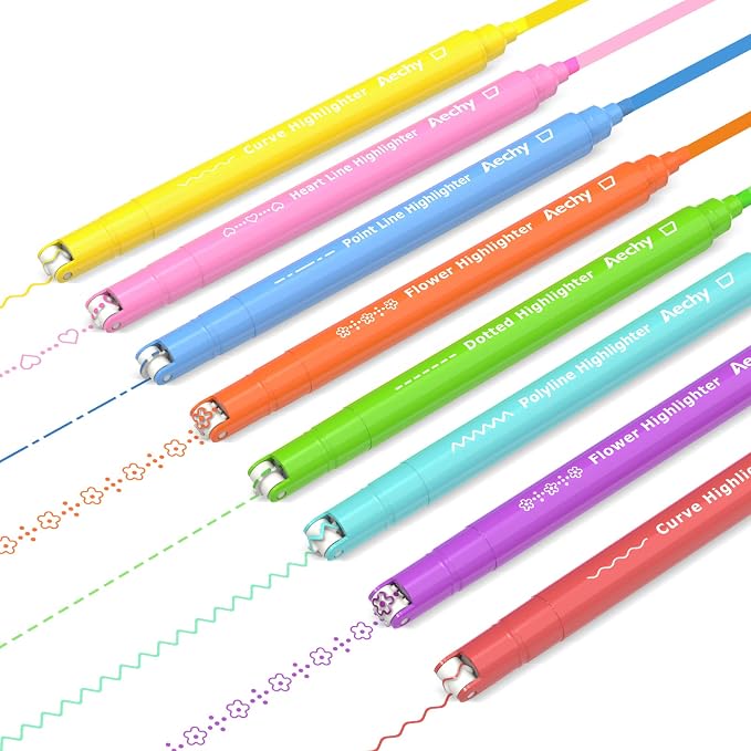AECHY Dual Tip Curve Highlighter Pens,6 Pattern Roller & 8 Chisel Tip Pens