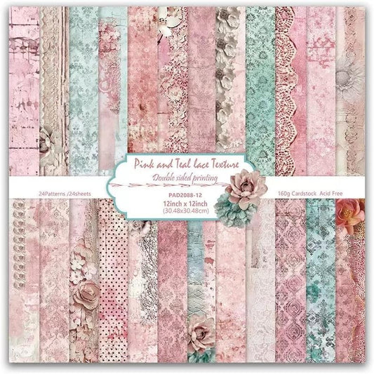 Pink Lace Scrapbook Paper Vintage Flower Pattern Papers Pad 12×12,24 Sheets Double-Sided Bobo Floral Scrapbooking CardStock Paper Pad for Holiday Cardmaking DIY Origami Papers.