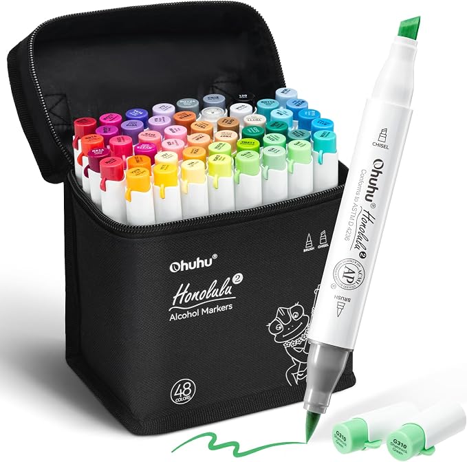 Ohuhu Alcohol Markers Brush& Chisel 48 Colors for Adult Coloring Refillable | AP Certified Art Marker Set, Dual Tips Alcohol-based for Artists Beginners Drawing Illustration Sketching, Honolulu 2