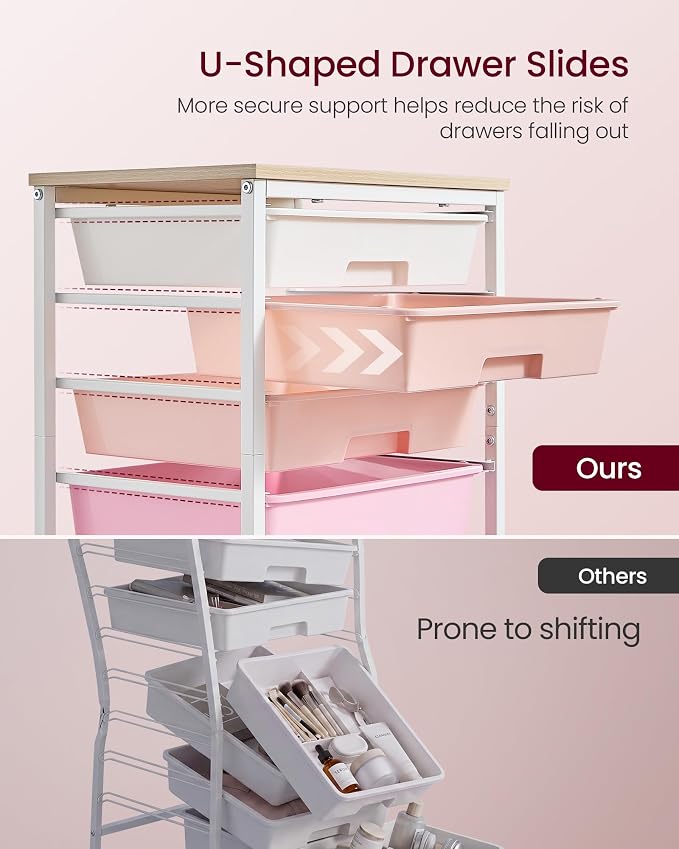 VASAGLE Rolling Cart with Drawers,5 Drawers Storage Cart, Pink