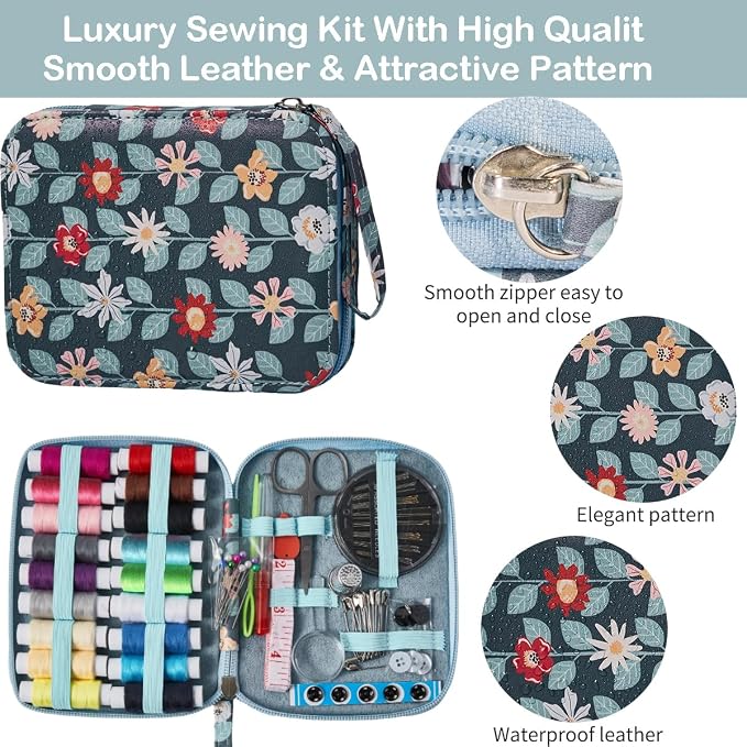 Printing Vines Sewing Project Kits,Travel Portable Sewing Set with Zipper Sewing Case,87 PCS Professional Sewing Supplies Accessory for Adults,Emergency, Home