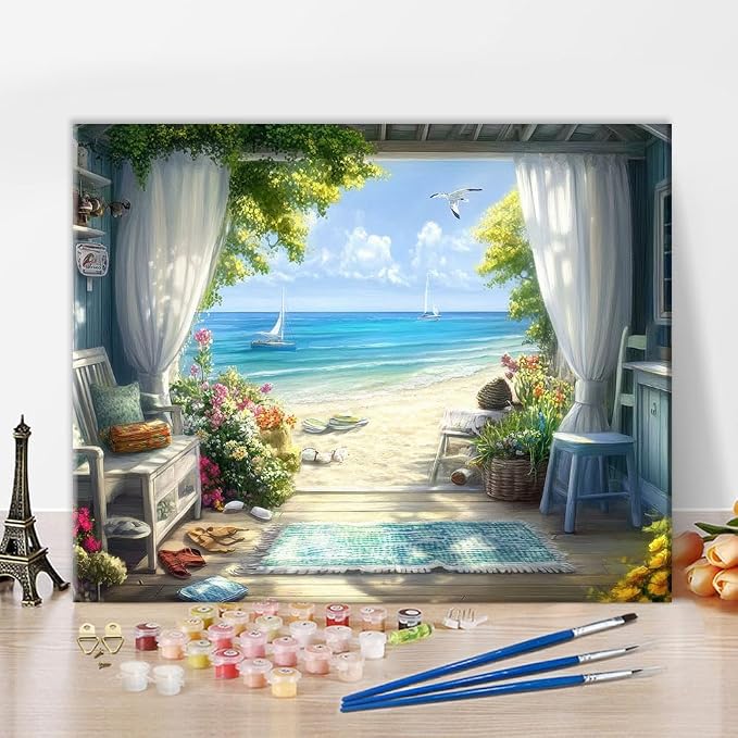 TUMOVO Paint by Numbers Kit, Cozy Seaside Cottage Ocean View Canvas
