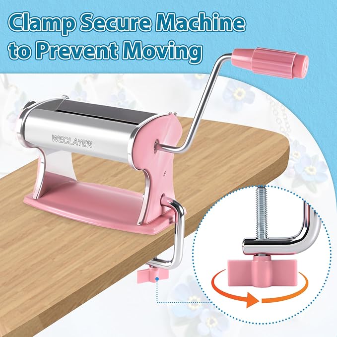 Polymer Clay Press Machine,Clay Roller Machine,Includes Clamp and Hand Crank,Stainless Steel Polymer Clay Tools for Clay Earring Making,7 Thickness Clay Pasta Machine-Pink