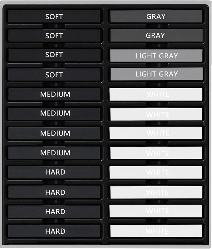 24 Pcs Compressed Charcoal Sticks with Soft, Medium, Hard and White Charcoal, Square Charcoal Stick Kit for Drawing, Sketching and Shading (12 Black + 4 Gray + 8 White)