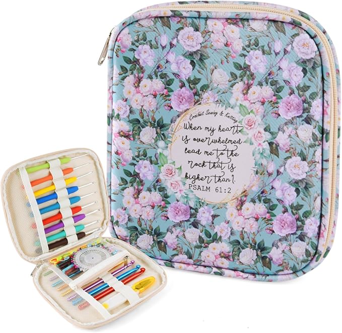 Crochet Hook Case, Portable Zipper Storage Organizer Bag for Crochet Needles/Knitting Accessories, Lightweight Crochet Hook Kit Tools, Easy to Hold(No Accessories Included). Green Rose
