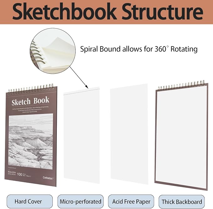 Crehatos 9" x 12" Sketch Book 100 Sheets Each, 2 Pack | Top Spiral Bound Sketch Pad, 68lb/100gsm Drawing Paper for Dry Media