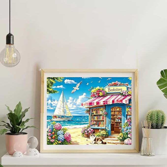 Bookstore Paint by Numbers for Adults, Paint by Number 16x20 inch | Seaside Paint by Numbers Kit for Adults, Summer Acrylic Painting by Numbers for Gift Home Wall Decor (without Frame)