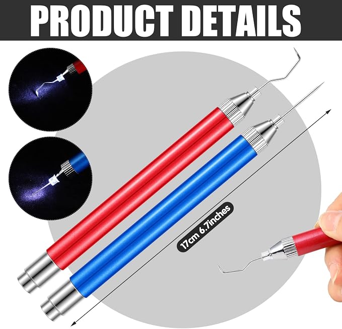 Therwen 2 Pcs LED Vinyl Weeding Pen Tools with Hook Tips, Red, Blue | Built-in LED Light, Tiny Vinyl Detail Removal, for Heat Transfer, Compatible with Silhouette Machines