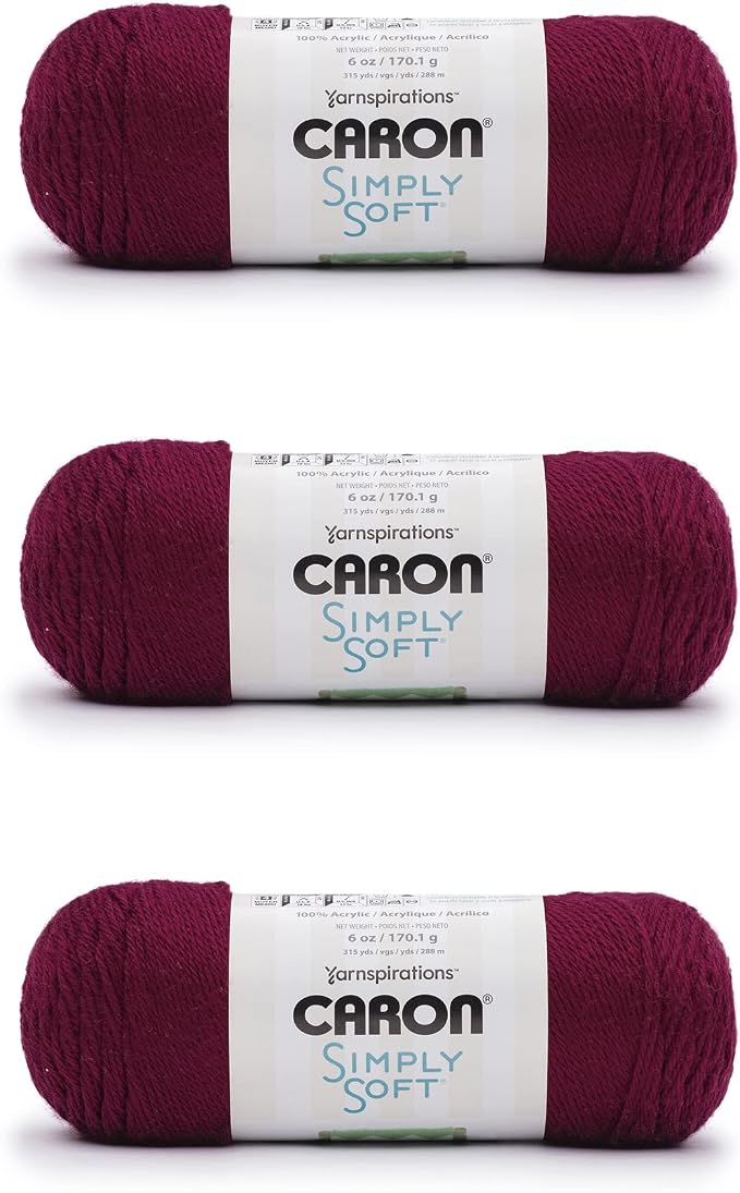 Caron Simply Soft Yarn for Crocheting & Knitting, Burgundy, 3-Pack | #4 Worsted Medium, Soft 100% Acrylic Yarn for Crochet, Knitting, Blankets and Crafts, 315 Yards, 170.1g/6oz per skein