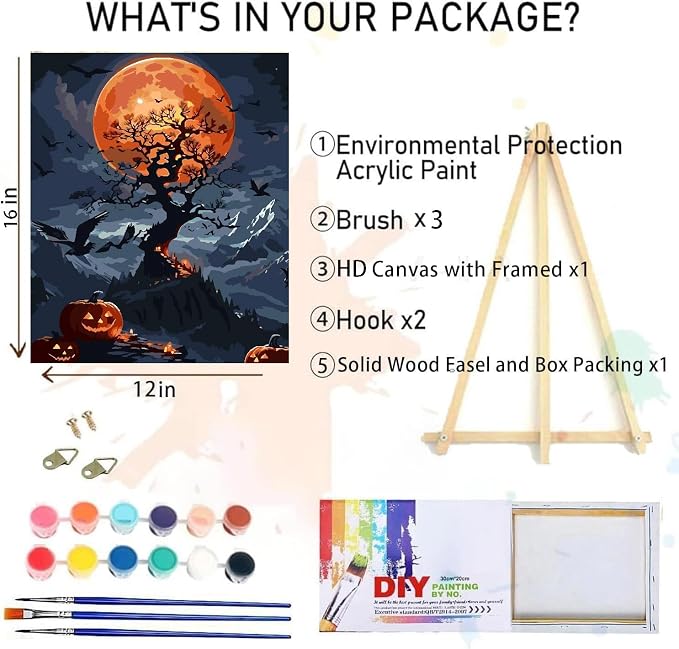 Halloween Paint by Numbers for Adults with Framed Canvas-with Wooden Easel,Paint by Numbers Kits Framed Canvas,DIY Acrylic Oil Painting Kits with Brushes Nice Gift Box for Home Wall Decor(12x16 Inch)