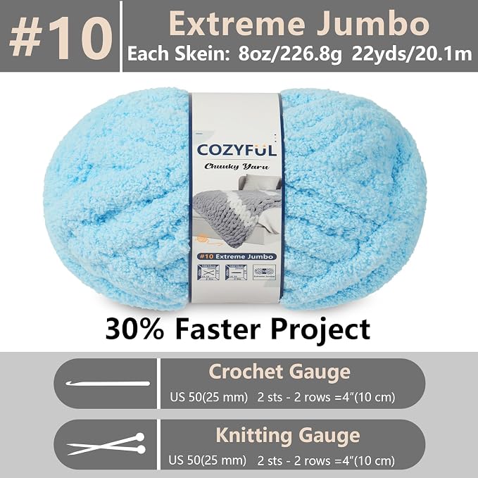 Cozyful Chunky Yarn for Hand Knitting - #10 Chunky Chenille Yarn, Jumbo Big Thick Chunky Yarns for Crocheting, Super Bulky Chunky Knit Blanket Yarns, 8 Skein (22 yds 8 oz Each Skein), Sky Blue